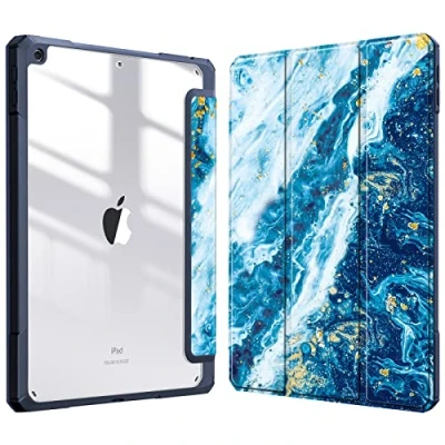 Immagine di FINTIE Custodia per iPad 10.2 Pollici 9a / 8a 7a Generazione (2021 2020 2019) [Built in Pencil Holder] Antiurto Sottile Case Posteriore Trasparente Cover con Auto Sveglia/Sonno, Oceano Blu