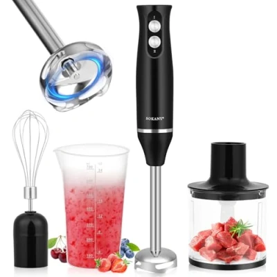 Immagine di Lustlocke Mixer Immersione 4 In 1, 500 W Frullatore Tritatutto Multifunzione, 2 Velocità, con Frusta e da ml Misurino 700 per Frullati, Zuppe, Salse, Yogurt, Alimenti Bambini