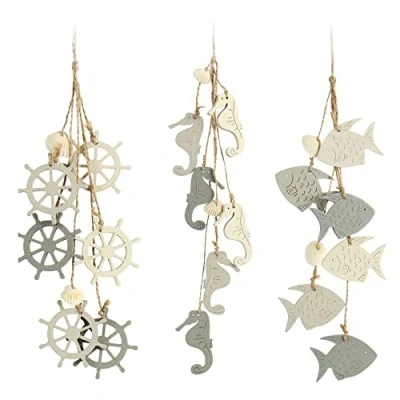 Immagine di com four® 3X Decorazione da Appendere Marittimo in Legno timone, Pesce e Cavalluccio Marino con Conchiglia (3 Pezzi Grigio/Bianco)