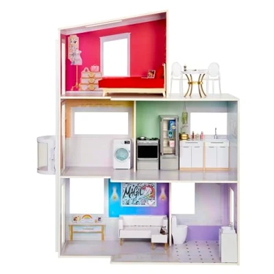 Immagine di Rainbow High Townhouse Casa delle Bambole in Legno a 3 Piani con 5 Stanze Colorate e Patio sul Tetto Completamente Arredata Ascensore Funzionante Accessori per il Gioco Età 4 12+