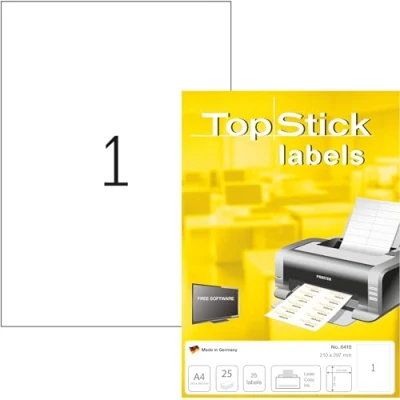 Immagine di TopStick etichette multiuso autoadesive, 1 etichetta per foglio A4, 25 fogli, 210 x 297 mm, etichette, universali vuote, stampanti laser e inkjet, bianco