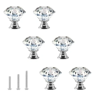 Immagine di ShipeeKin 6x Manopole Per Cassetti in Cristallo Maniglie Mobili Maniglia 30mm Argento Trasparente