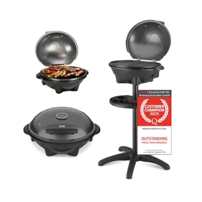 Immagine di TZS First Austria Barbecue elettrico 2 in 1 e da tavolo estremamente stabile con base per balcone plastica/metallo, griglia rimovibile 2400 Watt coperchio indicatore di