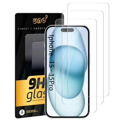Immagine di UNO&#039; 3 pellicole proteggi schermo in vetro temperato compatibili con iPhone 15 e Pro (6,1&quot;), ultra resistente trasparente, senza bolle, 9H, anti impronte, antigraffio.