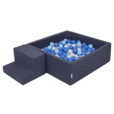 Immagine di KiddyMoon Area di Gioco in Schiuma con Quadrato Piscina Palline (200 Palline) per Bambini, Blu Scuro:Azzurro/Blu/Perla