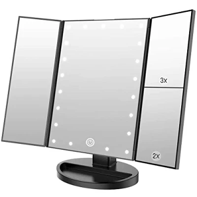 Immagine di WEILY Specchio per il Trucco, 1x/2x/3x Cosmetico Illuminato con touch screen, LED Trifold Dimmerabile, Rotazione Libera di 180 , da Tavolo Viaggio (Nero)