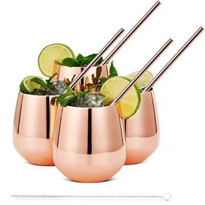 Immagine di Oak &amp; Steel 4 Bicchieri in Acciaio Inossidabile Oro Rosa con Cannucce Rame Whisky Particolari Rum