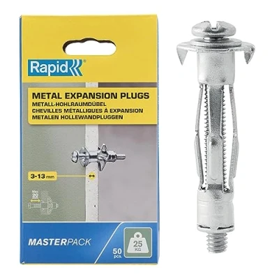 Immagine di Rapid Confezione da 50 Tasselli ad Espansione in Metallo per Pareti Cave Cartongesso e Truciolari dallo Spessore di 3 13 mm, Supportano fino un Carico 25 Kg