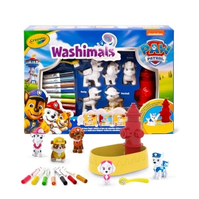 Immagine di CRAYOLA Washimals Paw Patrol, Set Attività con 5 Cuccioli, 8 Pennarelli Lavabili, Vasca Idrante, Spazzolina, Gioco e Regalo per Bambini, da 3 Anni, 74 0291