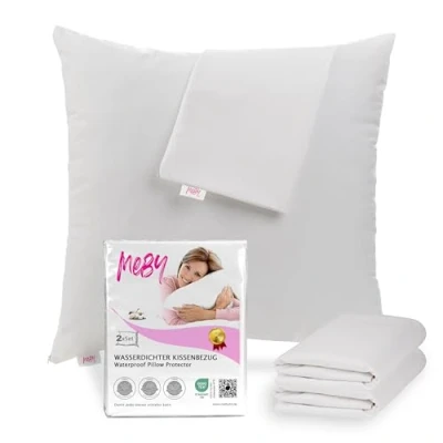 Immagine di Set di 2 copricuscini impermeabili in cotone con chiusura lampo nascosta, traspiranti, protezione per cuscino, dall&#039;umidità, elastico, bianco (80 x 80 cm)