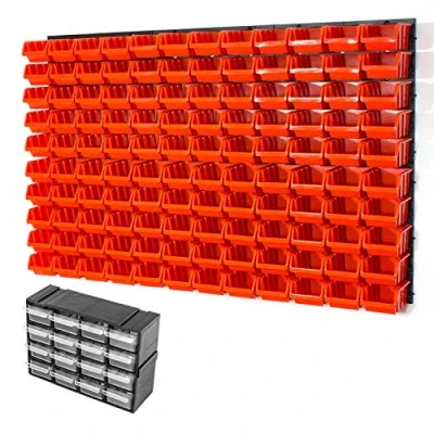 Immagine di Set 6 pannelli per officina con kit di 120 contenitori Inbox misura 2 arancione