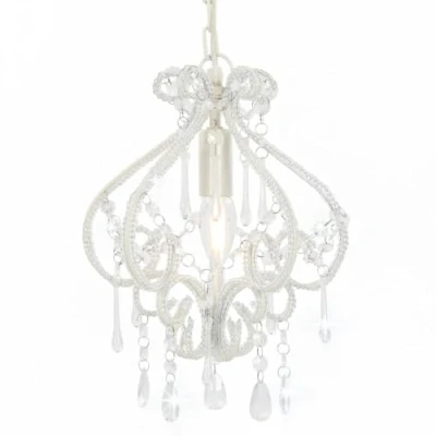 Immagine di vidaXL Lampadario con Perle di Cristallo Rotondo 1 Lampadina E14 Lampada Soffitto Luce Pendente Base in Metallo Bianco Gocce Acrilico Trasparente