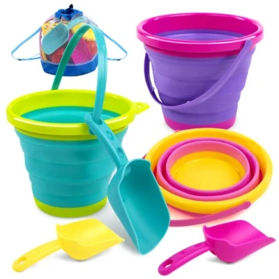 Immagine di JOYIN Set di secchi da Spiaggia Pieghevoli Confezione 3 secchielli con Pala e Zaino in Rete per Bambini, Feste, Campeggio, Viaggi, Pesca (Rosa/Viola/Verde)