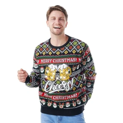 Immagine di Giggling Getup maglione natalizio brutto luminoso per uomo, divertente, con luci a LED, in nero, Nero , L