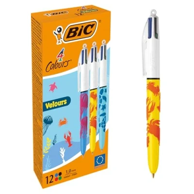 Immagine di BIC 4Colori Velours, Penna a Sfera Scatto, Colorate, con Fusto in Velluto, Punta Media, 1 mm, Cancelleria Scuola e Ufficio, 12 unita
