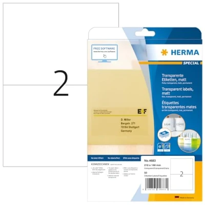 Immagine di HERMA Etichette per Marcatura, 210 x 148 mm, Adesive A4 Stampante, 2 Foglio, Trasparente