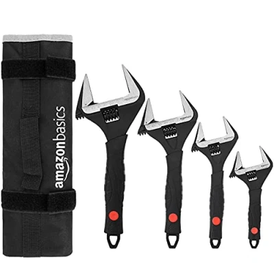 Immagine di Amazon Basics Set di chiavi inglesi regolabili per tubature con impugnatura morbida, ganascia ampio diametro, 4 pezzi, 30.48 x 10.79 2.36 cm, Nero