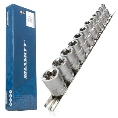 Immagine di HASKYY Set di chiavi a bussola Torx con profilo E, 1/4&quot; (E4, E5, E6, E7, E8) e 3/8&quot; (E10, E11, E12, E14, E16, E18, E20), 12 pezzi