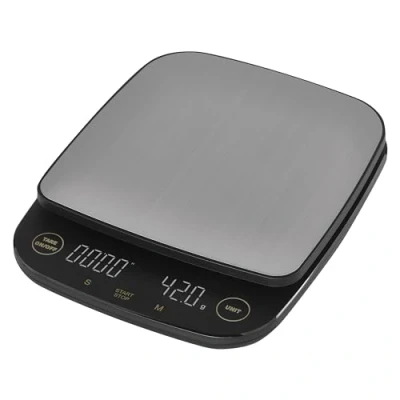 Immagine di EMOS Bilancia da caffè digitale in acciaio inox cucina per barista Peso massimo 3 kg, precisione 0,1 g Funzione tara, timer, indicatore LED g, lb, oz gancio estraibile nero