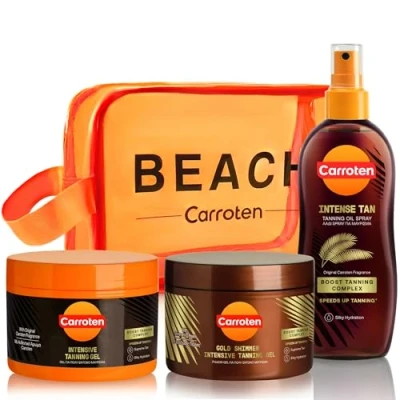 Immagine di Carroten set di 3 acceleratori d&#039;abbronzatura Kit composto da Gold Tanning Gel 150 ml, Intensive ml e Oil inclusa borsa cosmetica