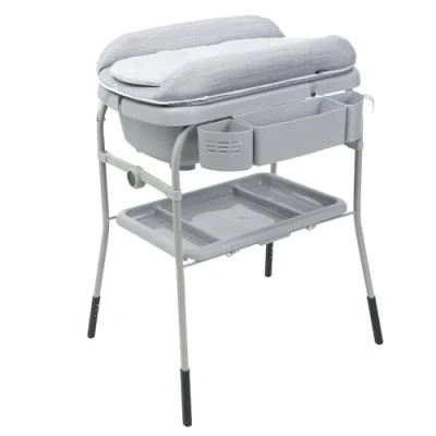 Immagine di Cuddle &amp; Bubble Vaschetta Bagnetto Fasciatoio Neonato Ergonomico con Materassino e Morbido Riduttore, Altezza Regolabile, Chiusura Compatta, Parent Organizer 2 Ruote, Max 11kg, Stone
