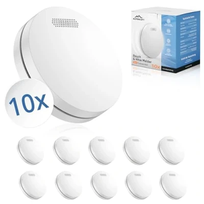 Immagine di ALPENLUFT rivelatore di fumo senza fili collegato in rete, batteria da 10 anni, fumo, Allarme e calore 2in1, antincendio, forare, LED lampeggiante (Set con 10)
