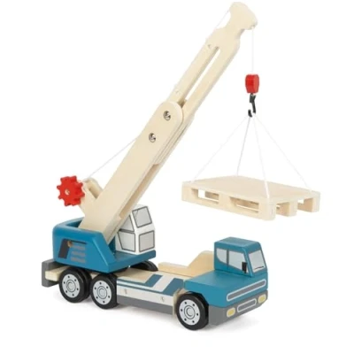 Immagine di small foot Autogru con Pallet in Legno, Veicolo Gioco per Bambini Gru Girevole a 360 e Accessori, dai 2 Anni, 12639, Colore Coloured
