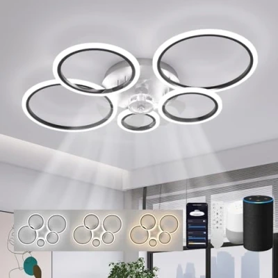 Immagine di ycwdcz Plafoniera con Ventilatore da Soffitto Compatibile Alexa, Google Assistant, Anelli Lampadario Led Soffitto, Dimmerabile, Motore DC, Ventola Luce