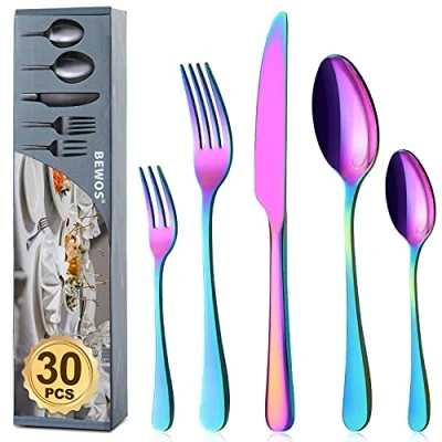 Immagine di BEWOS Set di posate Arcobaleno per 6 persone, 30 pezzi colorate con coltello, forchetta, cucchiaio, acciaio inossidabile lucidato a specchio, lavabile in lavastoviglie