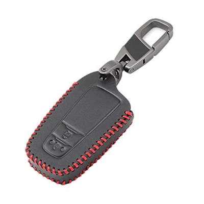 Immagine di Happyit Custodia per chiave auto in pelle, a 2 pulsanti, senza chiave, portachiavi, accessori (linea rossa)