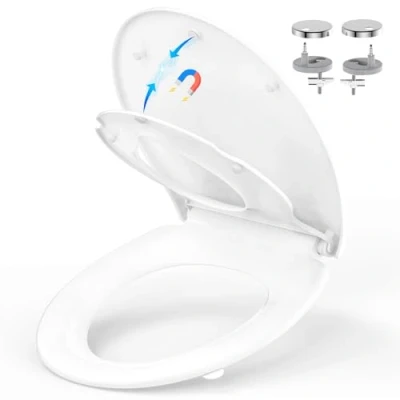 Immagine di Sedile wc per tutta la famiglia, YEAUPE PRO Universali O Forma, Urea Formaldeide Chiusura Ammortizzata tavoletta con Sgancio Rapido a un Pulsante, Bianco, 44.6 * 37.2CM
