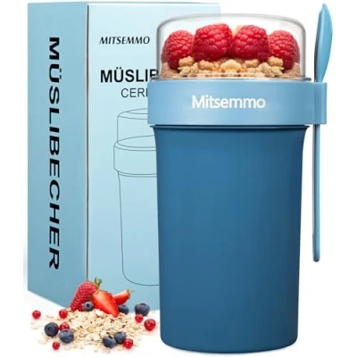 Immagine di Bicchiere per cereali to Go 760 ml + 230 ml, yogurt bambini con cucchiaio, tazza cereali, ciotola la colazione, Box (blu)