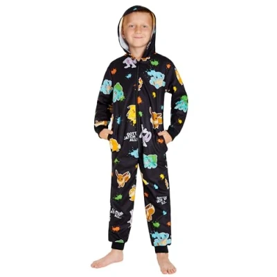 Immagine di Pokémon Pigiama Intero Bambino Pigiamone in Pile Caldo 7 14 Anni Pigiami Interi Bambini con Cappuccio Pikachu Gadget Regalo (Nero AOP, 9 10 Anni)