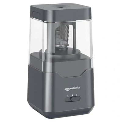 Immagine di Amazon Basics Temperamatite elettrico portatile, lama a spirale, arresto automatico, alimentato batteria/USB, Nero, 7.1 x 13.46 cm