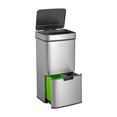 Immagine di WELL HOME Cestino per rifiuti 62L (37L+25L), con 2 scomparti, apertura automatica sensore, in acciaio inox, cromato