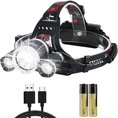 Immagine di Boruit RJ3000 Torcia Frontale Ricaricabile, Proiettore LED ultra luminoso da 5000 lumen, bianchi, resistente all&#039;acqua IPX4,proiettore perfetto per corsa, campeggio,escursioni