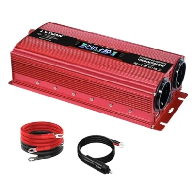 Immagine di LVYUAN Trasformatore di tensione 24 V, 230 1500 W, 3000 con schermo LCD, 3 luci memoria, 2 prese europee, ventola e connettori USB da 5 presa accendisigari auto
