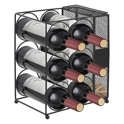 Immagine di [en.casa] Portabottiglie da Tavolo (AxLxP) 33,5 x 29 18 cm Cantinetta per 6 Bottiglie e Contenitore Tappi Box Vino in Metallo, Nero