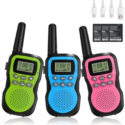 Immagine di Apkezel Walkie Talkie Bambini Ricaricabili 3 Pezzi, 8 Canali Caricabatterie USB di tipo C,Con Torcia per Giochi all&#039;aperto Campeggio Escursionismo
