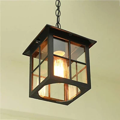 Immagine di Mengjay Lanterna a Sospensione per Esterni, Lampada Impermeabile Rustica in Metallo con Vetro, Plafoniera Portico, Esterno, Ingresso