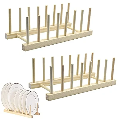 Immagine di Qanye 2 Pezzi Piatti in Bambù Supporto, Scolapiatti per Cucina, Supporto Legno di bambù, Portapiatti Posizionare Stoviglie, Tazze, Taglieri, CD, Libri