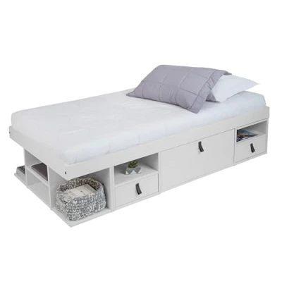 Immagine di Letto funzionale Bali 90x190 Bianco a cassetti con molto spazio di stoccaggio e cassetti, ideale per piccole stanze contenitore in MDF laccato Prezzo incl. rete doghe