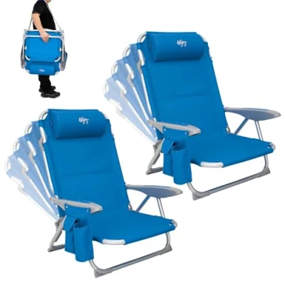 Immagine di #WEJOY Sedia da Spiaggia Campeggio Pieghevole, Spiaggina Portatile con Tracolla, 4 Livelli Schienale Reclinabile Regolabile Sdraio Basso Seduta, in Alluminio per Giardino Mare (Set di 2, Blu)