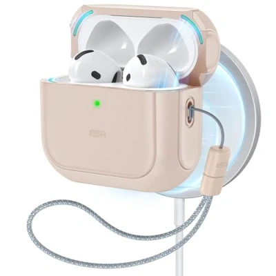 Immagine di ESR Cover per AirPods 4 (2024), Compatibile con di 4a Gen (USB C), MagSafe, Protezione dalle cadute cordino, Coperchio Magnetico, Serie Orbit, Titanio Deserto