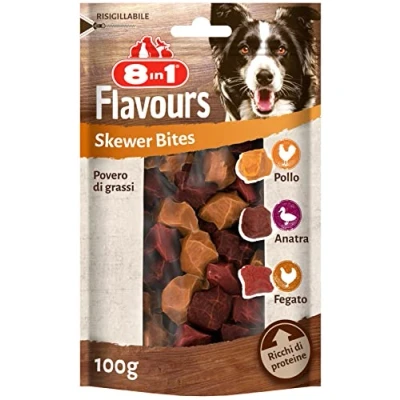 Immagine di 8in1 Flavours Skewer Bites Snack con petto d&#039;anatra, di pollo o fegato pollo, per cani tutte le taglie 100 g