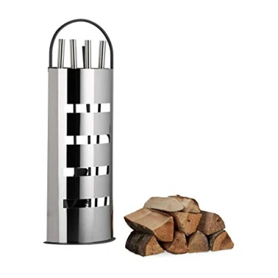 Immagine di Relaxdays Accessori Camino, 5 Accessori, Moderno, Porta Attrezzi, Paletta, Scopetta, Pinza, Attizzatoio, Grigio Argento
