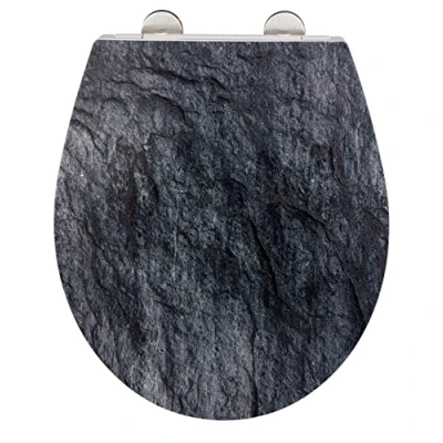 Immagine di Wenko Sedile Wc Slate Rock Robusto in Duroplast Antibatterico con Meccanismo di Abbassamento Automatico e Fissaggio Igienico Fix Clip Acciaio Inox, Superficie Rilievo, 38 X 44,5 Cm