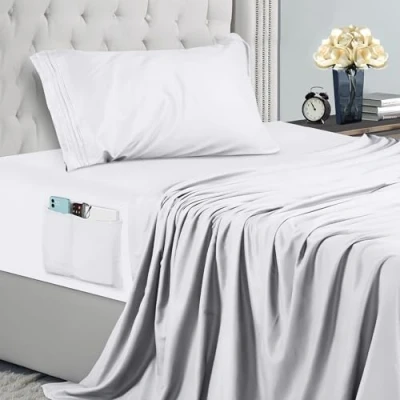 Immagine di Utopia Bedding Set Lenzuola Ricamate Singolo 3 Pezzi 90x190 cm Microfibra di Poliestere Lenzuolo con Angoli Tasche Portaoggetti, Piatto e 1 Federe Ricamate, Bianco