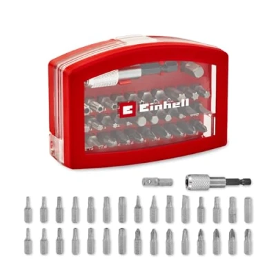 Immagine di Originale scatola di bit Einhell da 32 pezzi (30x 25 mm CrV, porta a cambio rapido 60 mm, adattatore per prese, stoccaggio con clip cintura, coperchio trasparente)