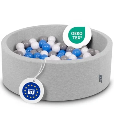 Immagine di KiddyMoon 90X30cm/200 Palline ∅ 7CM Piscina di Colorate per Bambini Tondo Fabbricato in EU, Grigio Ch: Grigio/Bianco/Blu